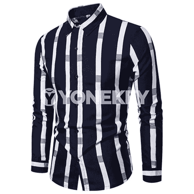 Erkekler üçin niýetlenen dik zolakly we uzyn ýeňli moda köýnek.
